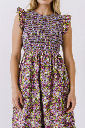 ENGLISH FACTORY - Floral Smocked Sleeveless Midi Dress - DRESSES available at Objectrare