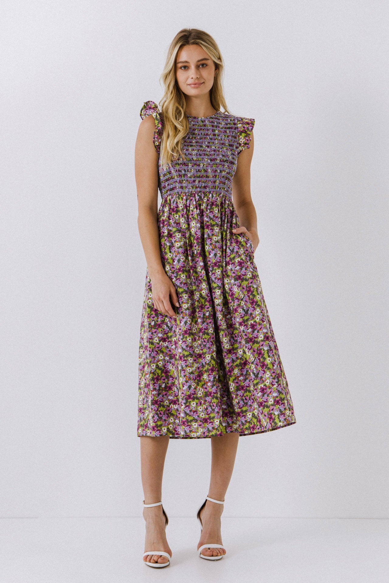 ENGLISH FACTORY - Floral Smocked Sleeveless Midi Dress - DRESSES available at Objectrare