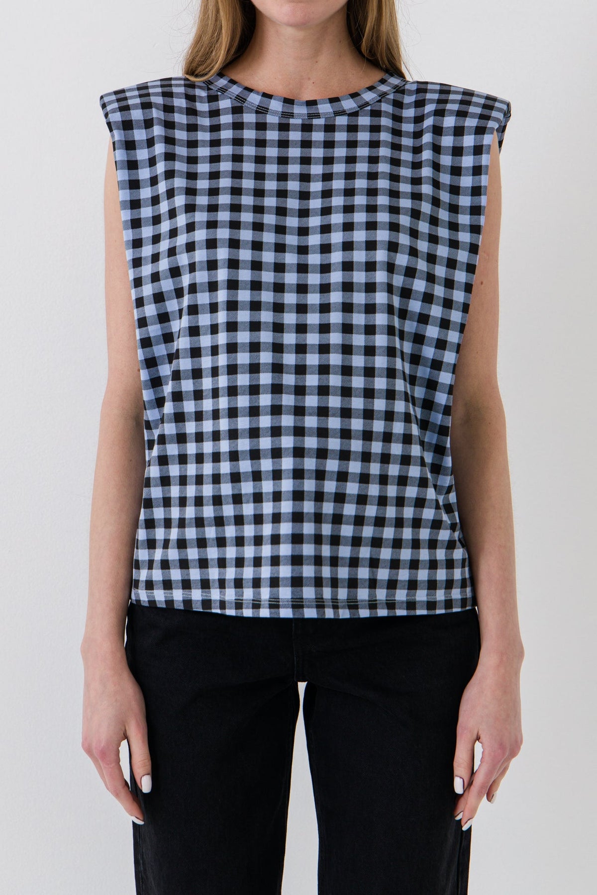 ENDLESS ROSE - Endless Rose - Gingham Print Shoulder Pad T-Shirt - T-SHIRTS available at Objectrare