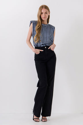 Gingham Print Shoulder Pad T-Shirt