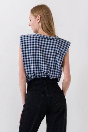 Gingham Print Shoulder Pad T-Shirt