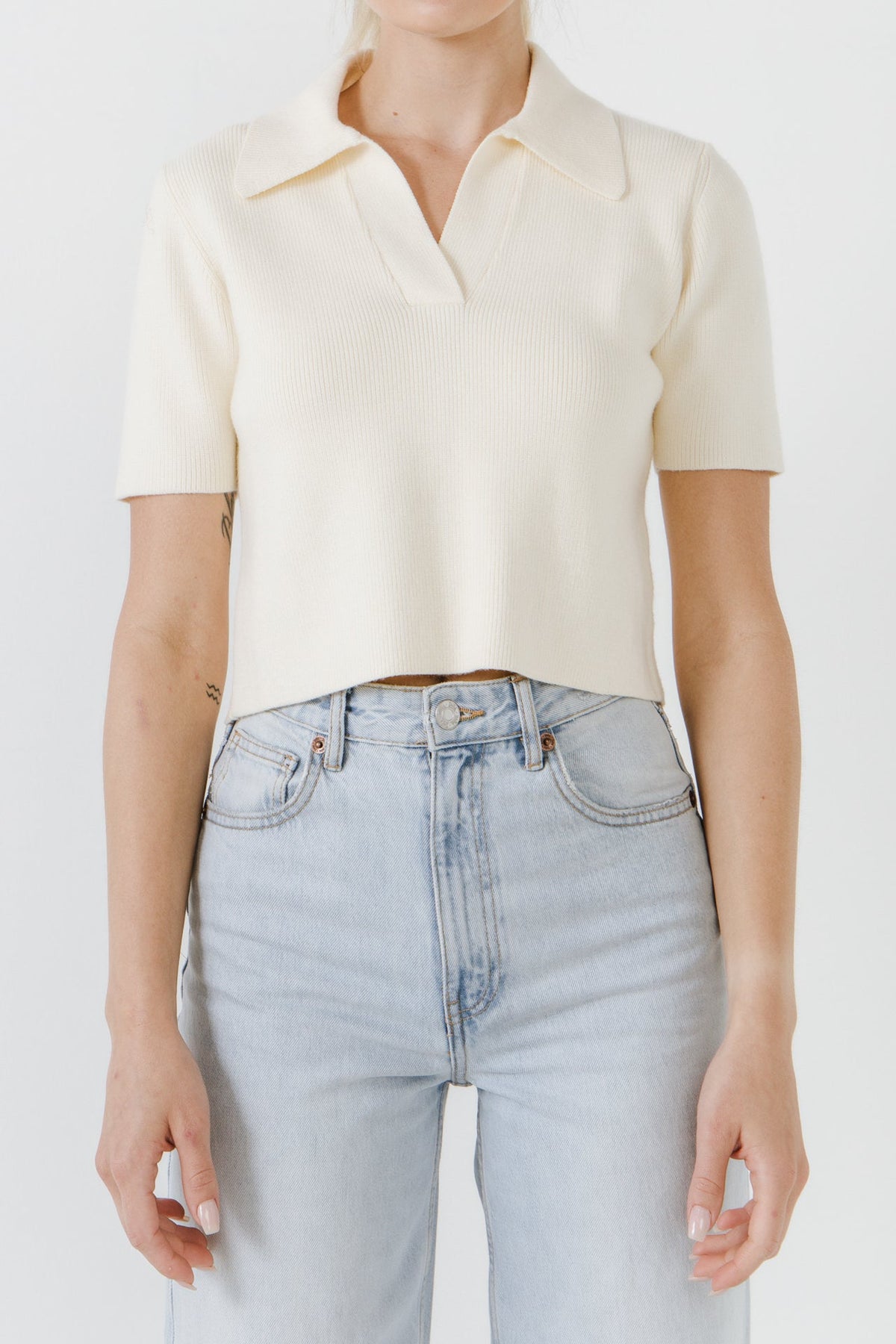 ENGLISH FACTORY - Polo Collar Crop Knit Sweater - SWEATERS & KNITS available at Objectrare