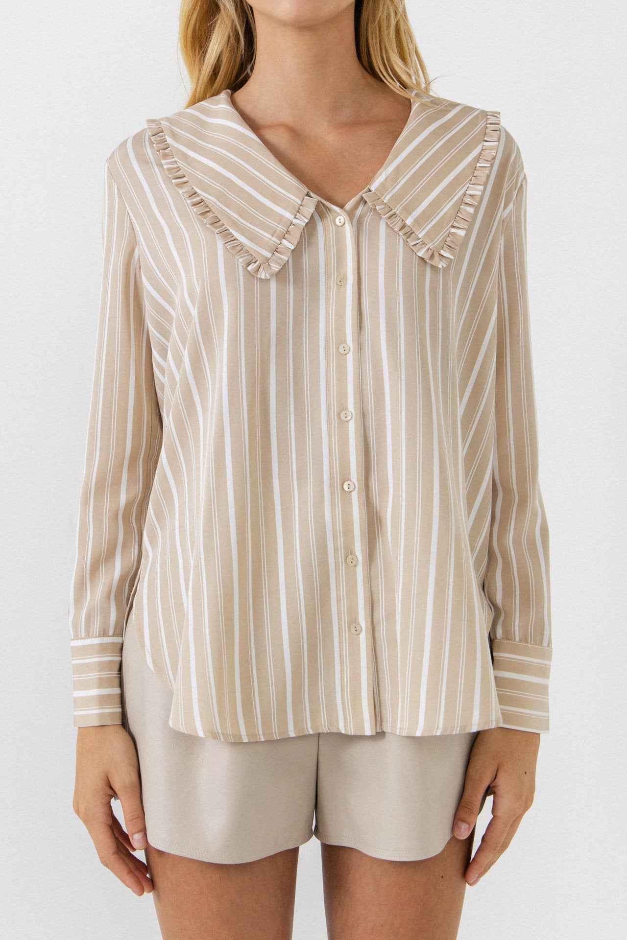ENGLISH FACTORY - Ruffled-Collar Striped Shirt - BLOUSES available at Objectrare