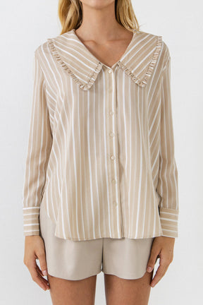 ENGLISH FACTORY - Ruffled-Collar Striped Shirt - BLOUSES available at Objectrare