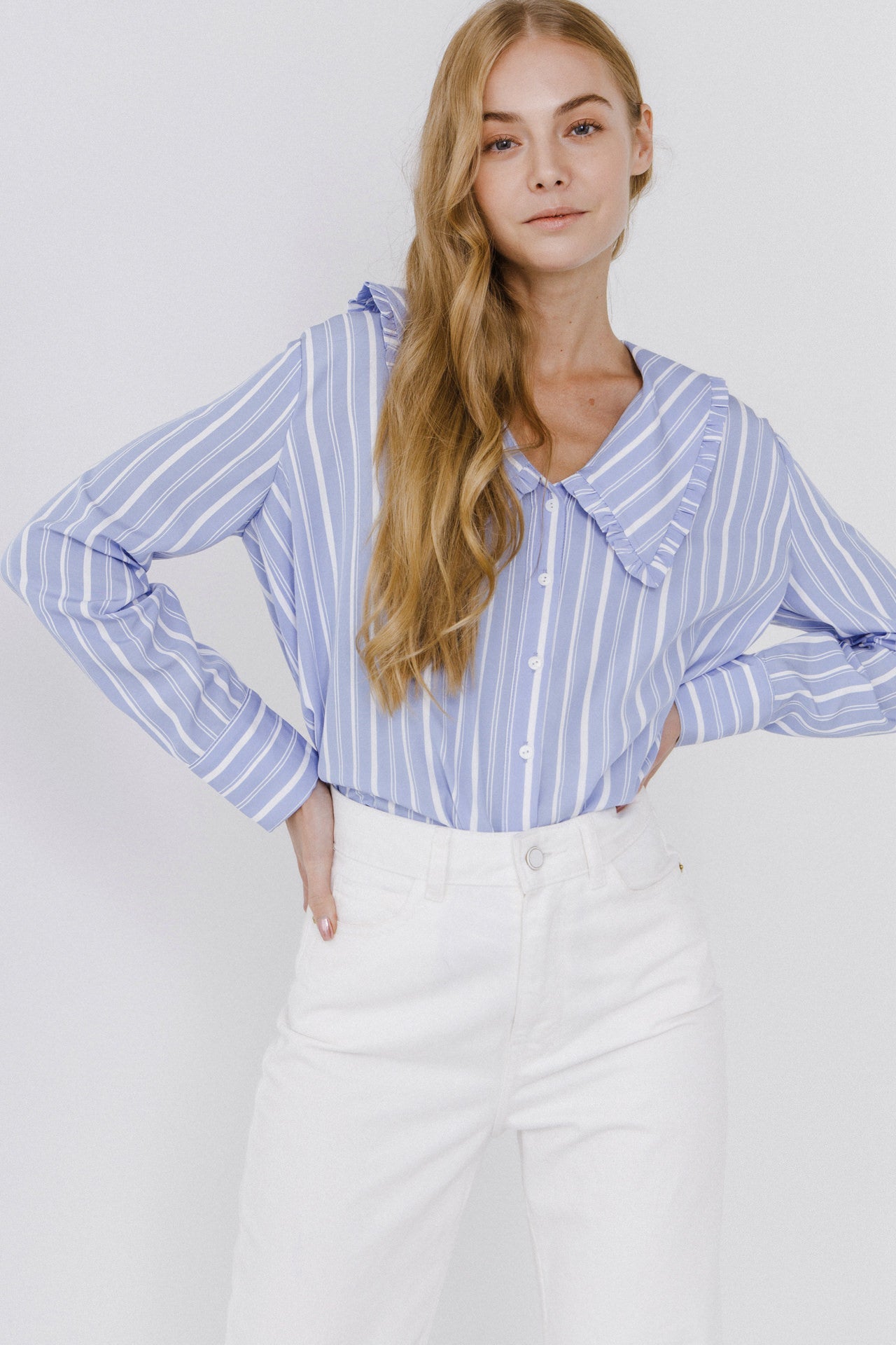 ENGLISH FACTORY - Ruffled-Collar Striped Shirt - BLOUSES available at Objectrare