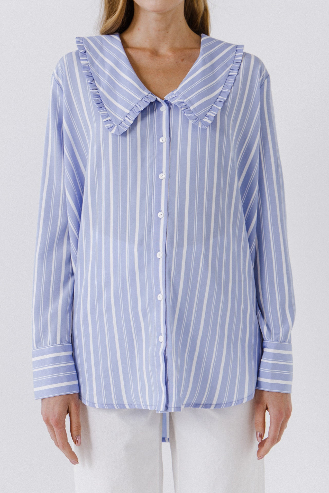 ENGLISH FACTORY - Ruffled-Collar Striped Shirt - BLOUSES available at Objectrare