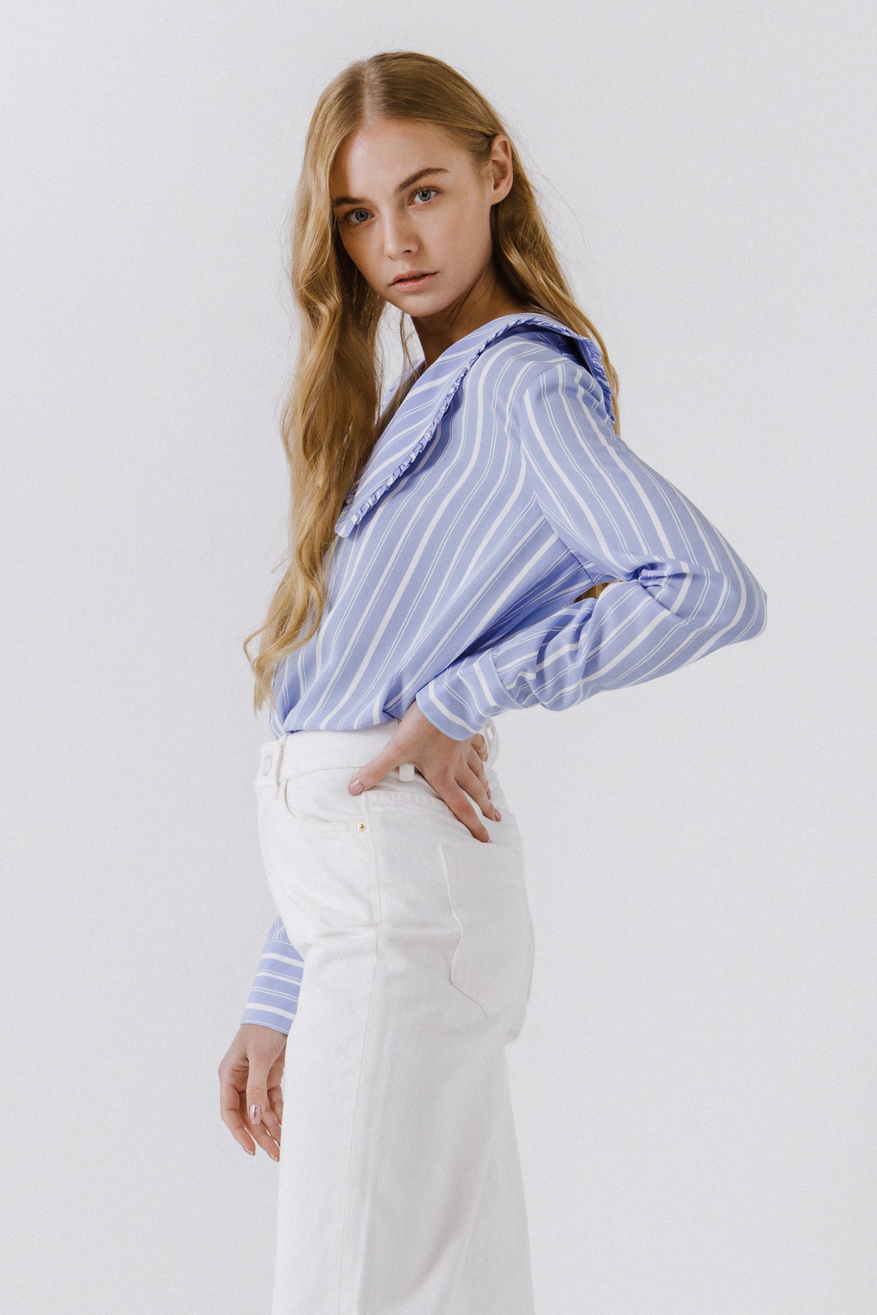 ENGLISH FACTORY - Ruffled-Collar Striped Shirt - BLOUSES available at Objectrare