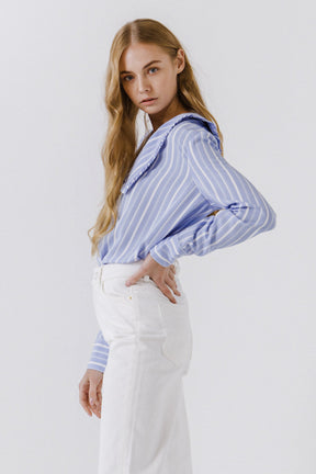ENGLISH FACTORY - Ruffled-Collar Striped Shirt - BLOUSES available at Objectrare