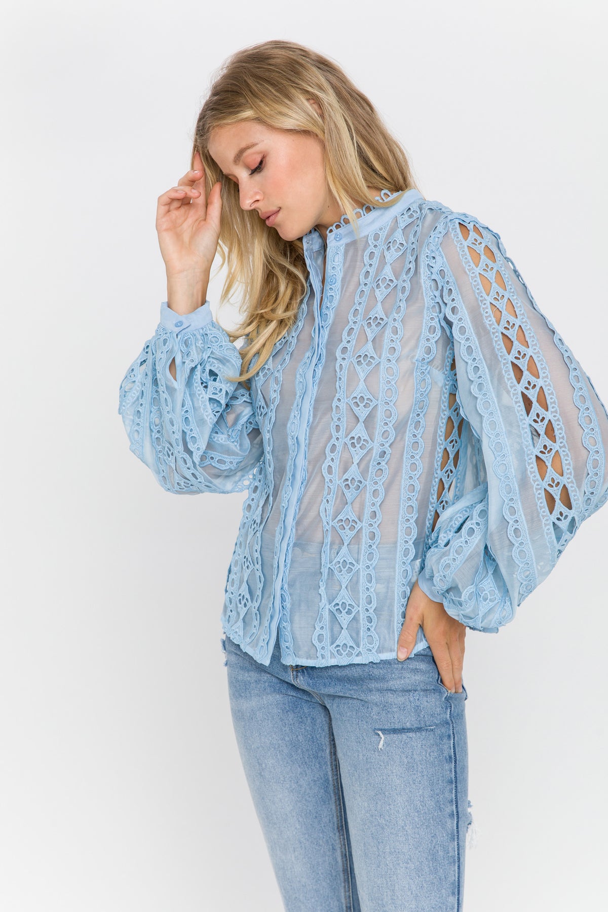Lace Trimmed Collar Band Blouse
