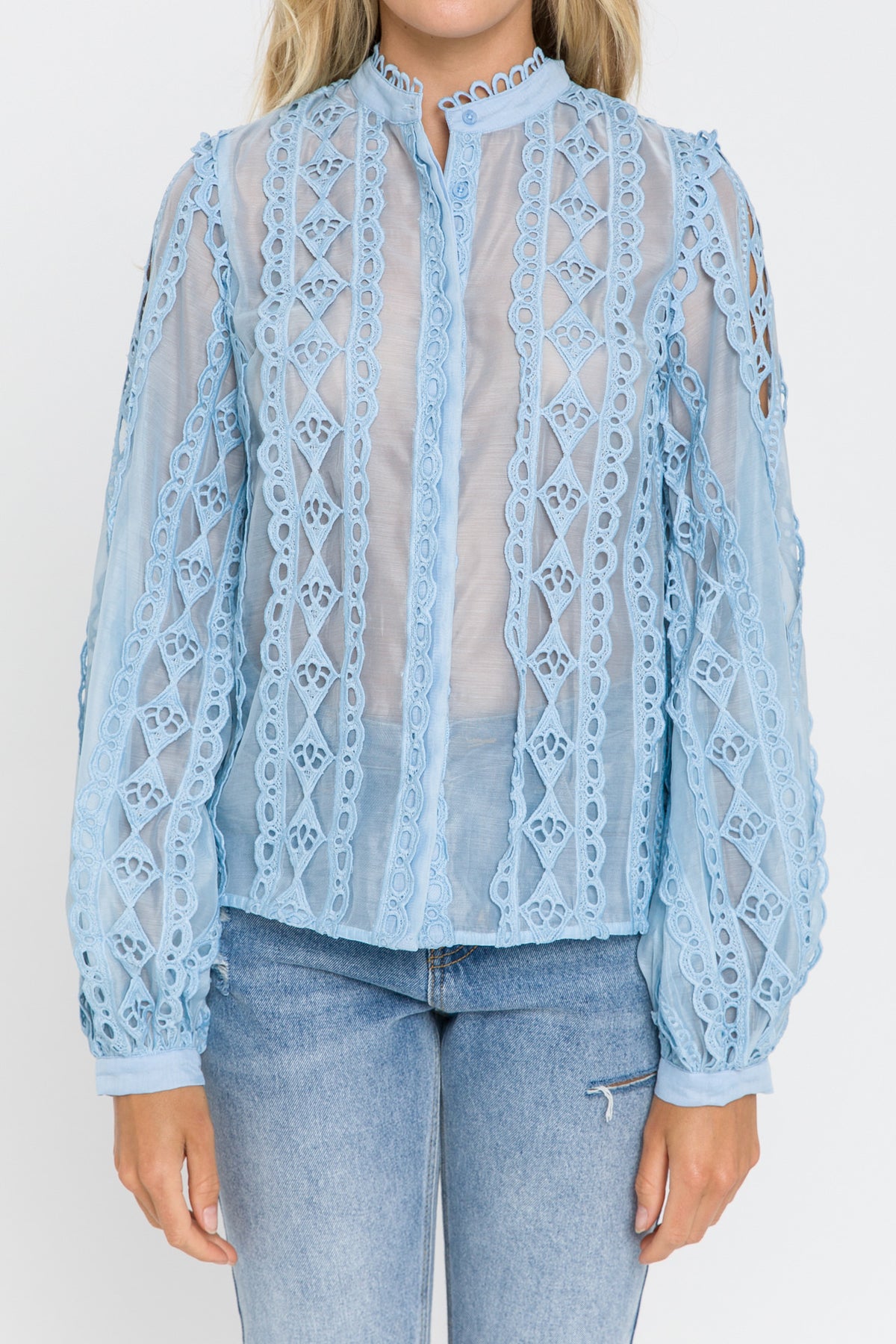 Lace Trimmed Collar Band Blouse