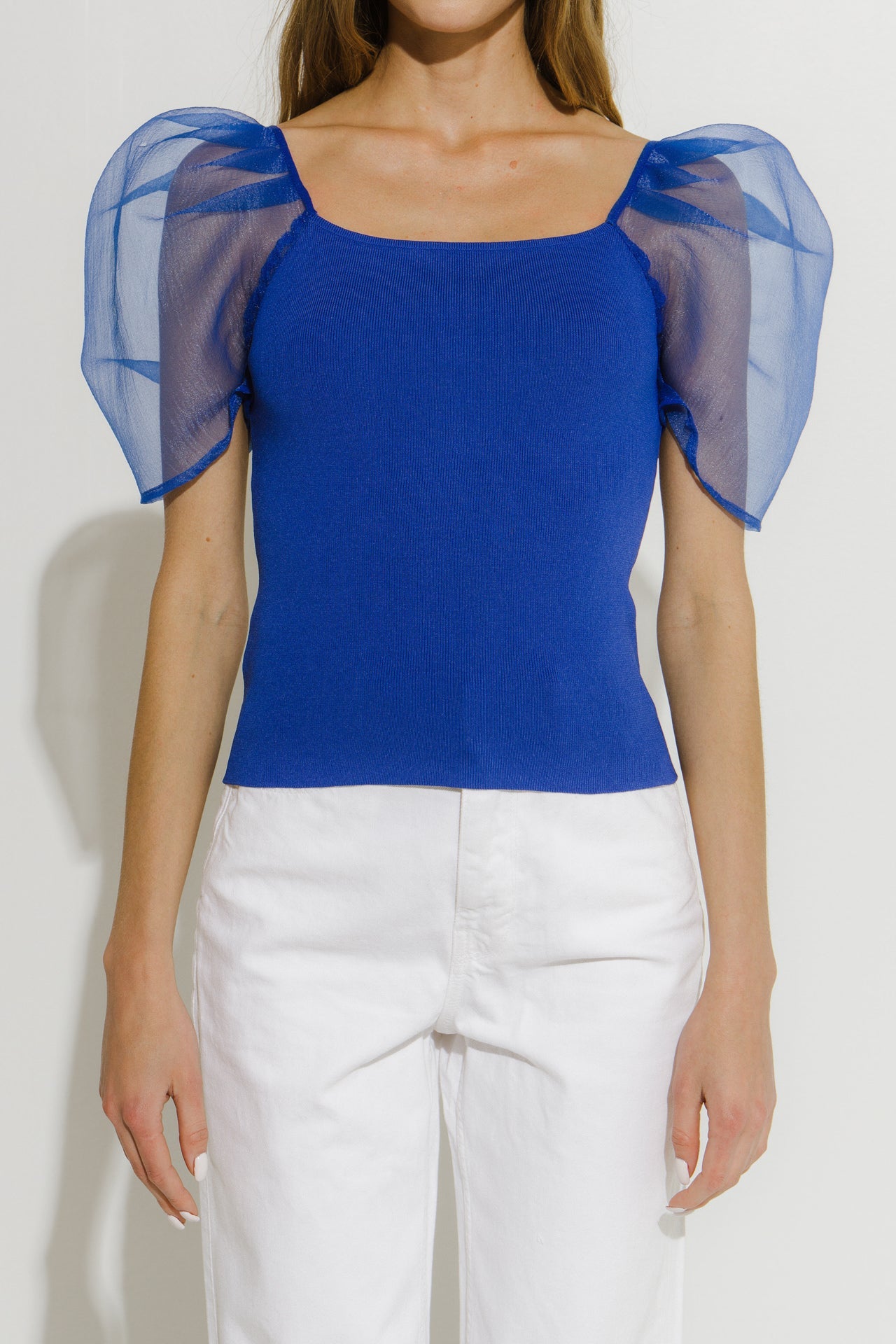 Organza Puff Sleeve Knit Top