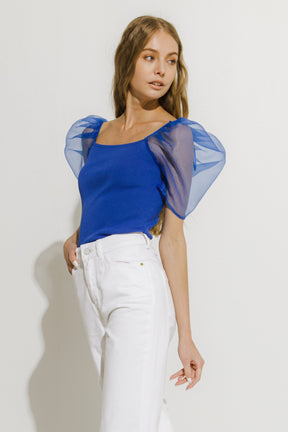 Organza Puff Sleeve Knit Top