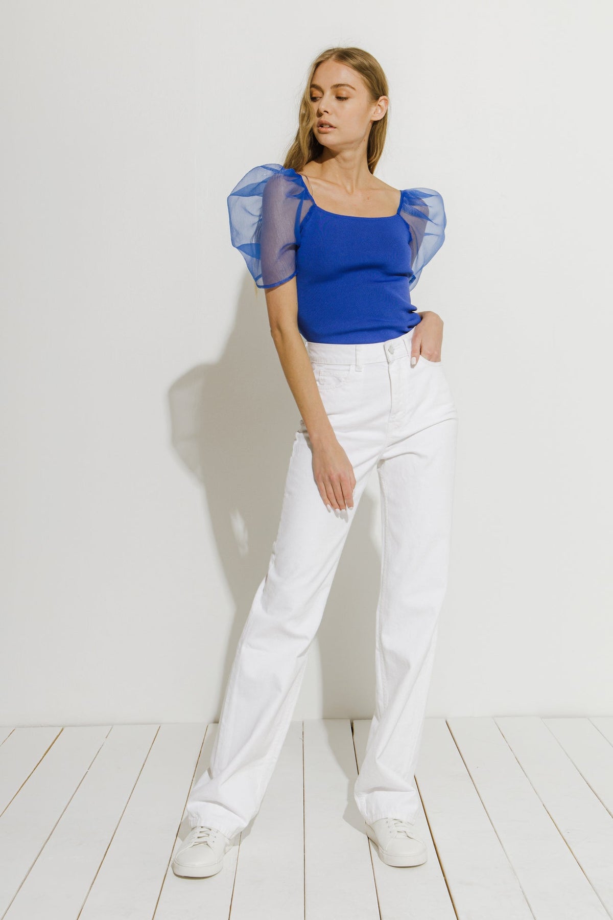 Organza Puff Sleeve Knit Top