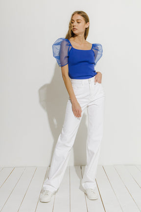 Organza Puff Sleeve Knit Top