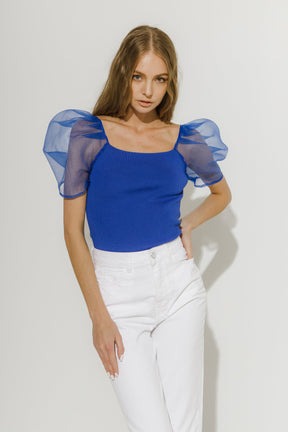Organza Puff Sleeve Knit Top