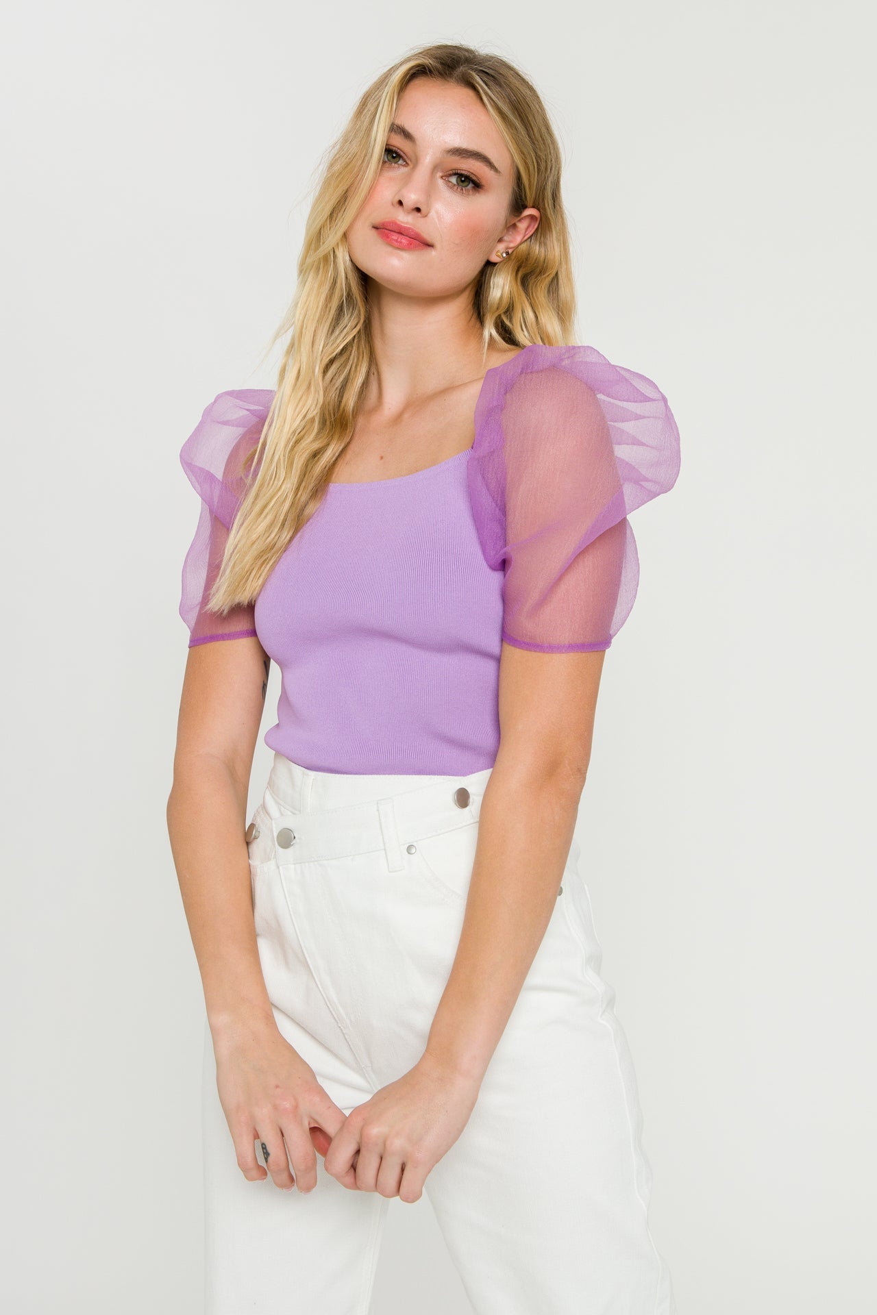 Organza Puff Sleeve Knit Top
