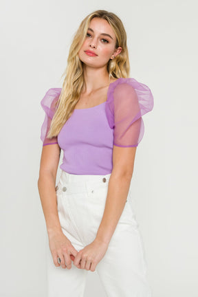 Organza Puff Sleeve Knit Top
