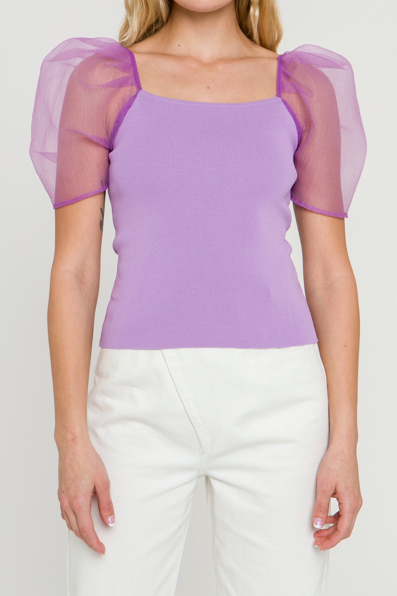 Organza Puff Sleeve Knit Top