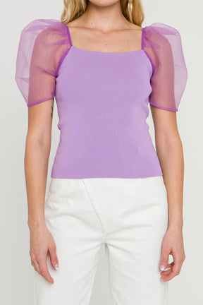 Organza Puff Sleeve Knit Top