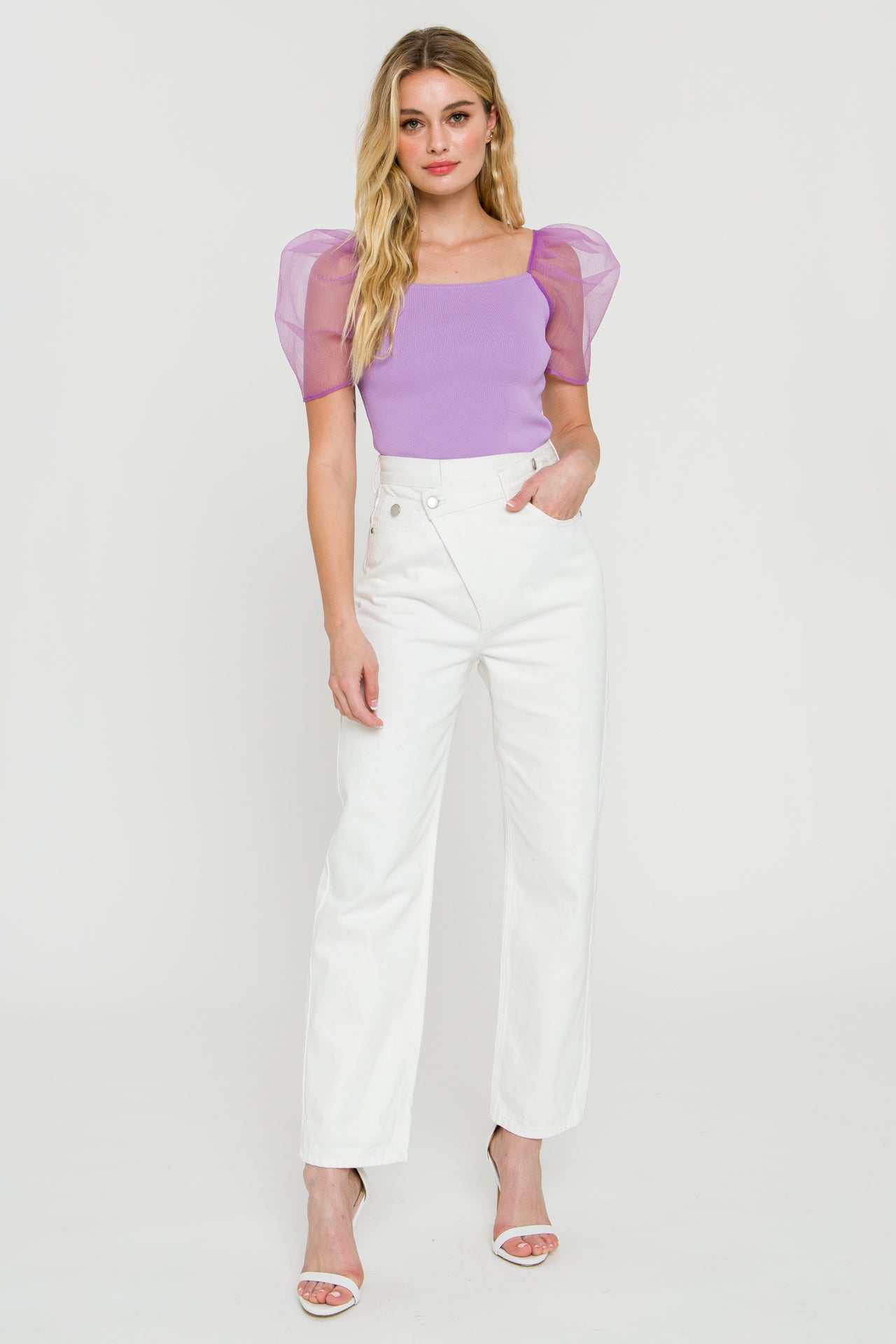Organza Puff Sleeve Knit Top