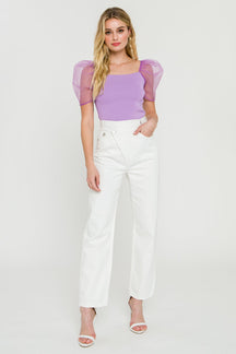 Organza Puff Sleeve Knit Top