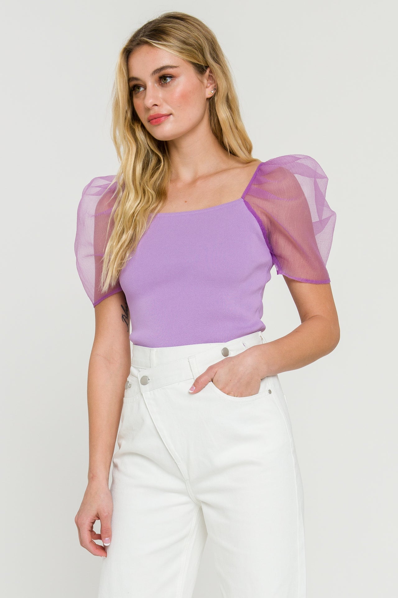 Organza Puff Sleeve Knit Top