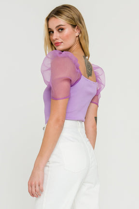 Organza Puff Sleeve Knit Top