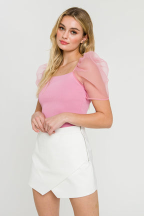 Organza Puff Sleeve Knit Top