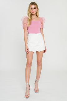 Organza Puff Sleeve Knit Top
