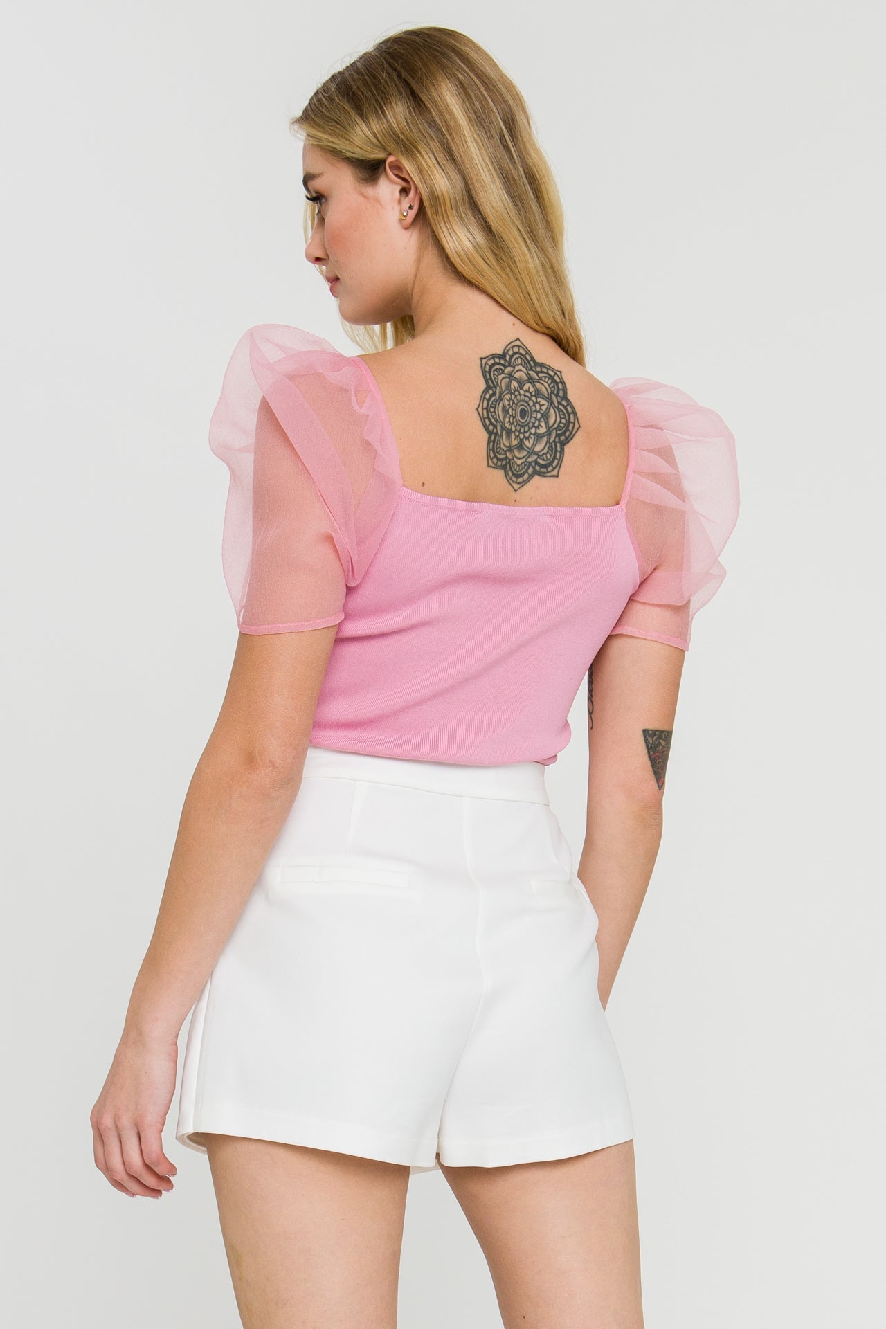 Organza Puff Sleeve Knit Top
