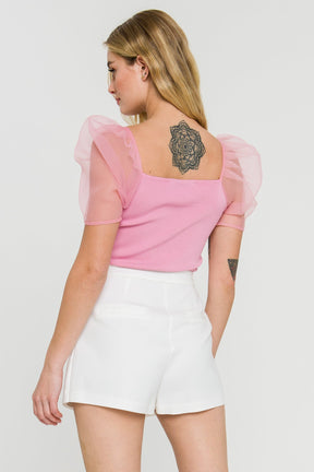 Organza Puff Sleeve Knit Top
