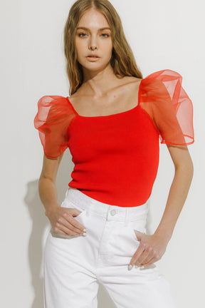 Organza Puff Sleeve Knit Top