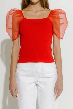 Organza Puff Sleeve Knit Top
