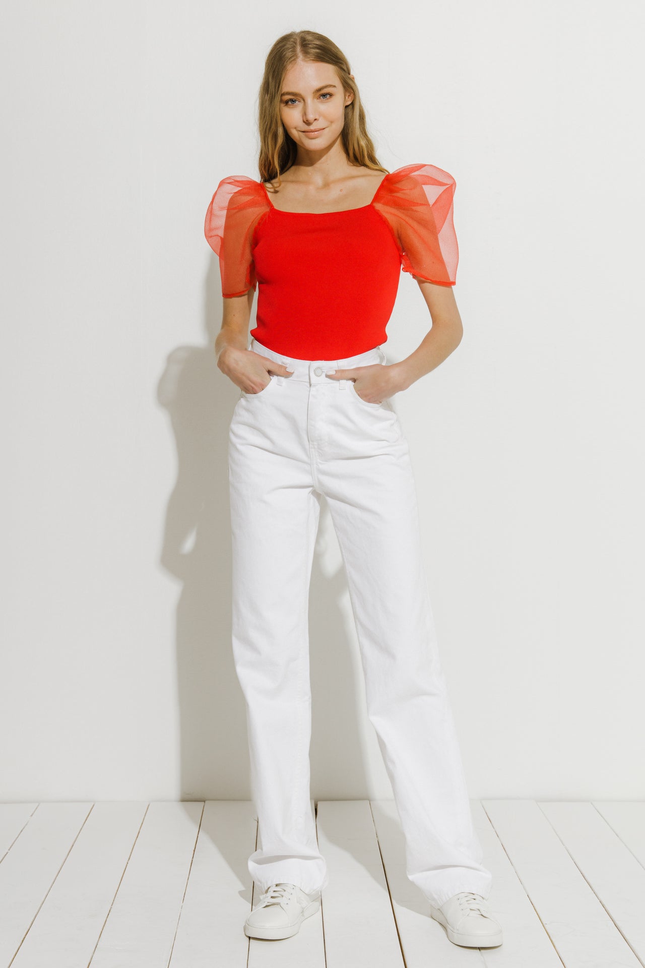 Organza Puff Sleeve Knit Top