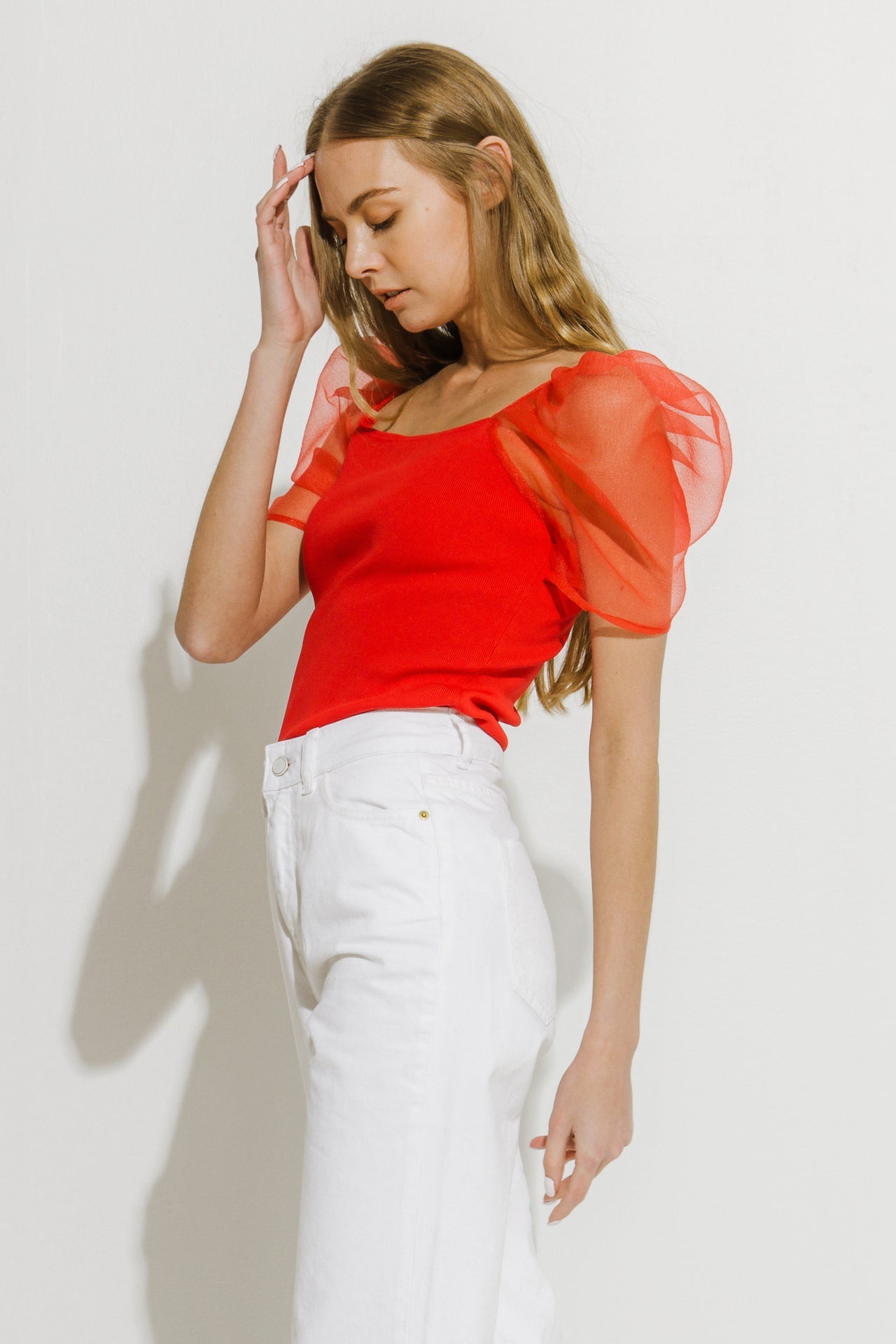 Organza Puff Sleeve Knit Top