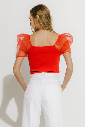 Organza Puff Sleeve Knit Top