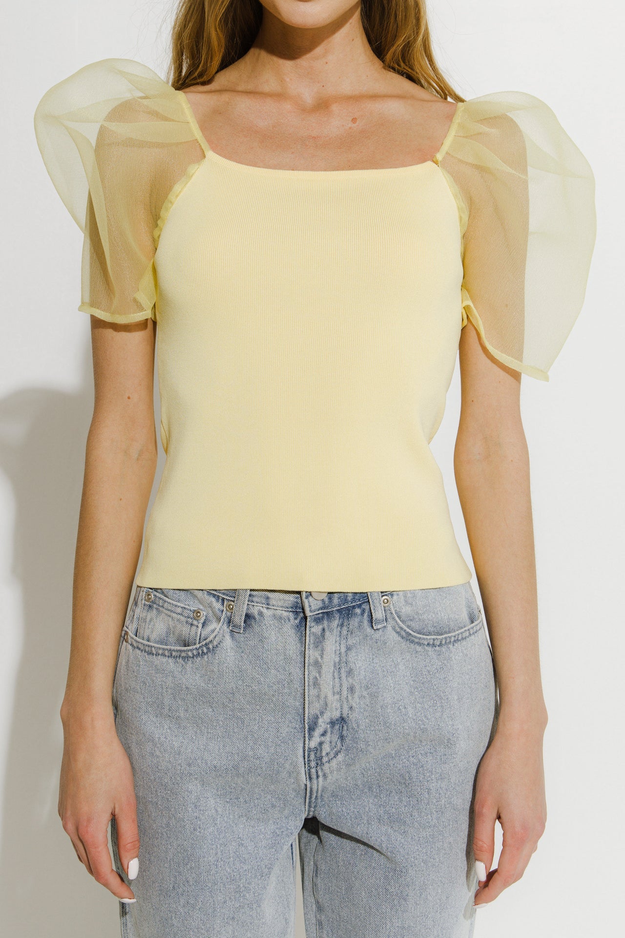 Organza Puff Sleeve Knit Top