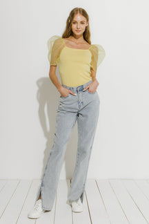 Organza Puff Sleeve Knit Top