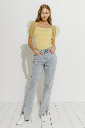 Organza Puff Sleeve Knit Top