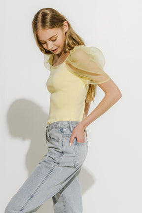 Organza Puff Sleeve Knit Top