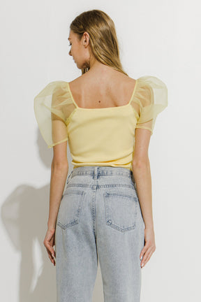 Organza Puff Sleeve Knit Top