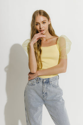 Organza Puff Sleeve Knit Top
