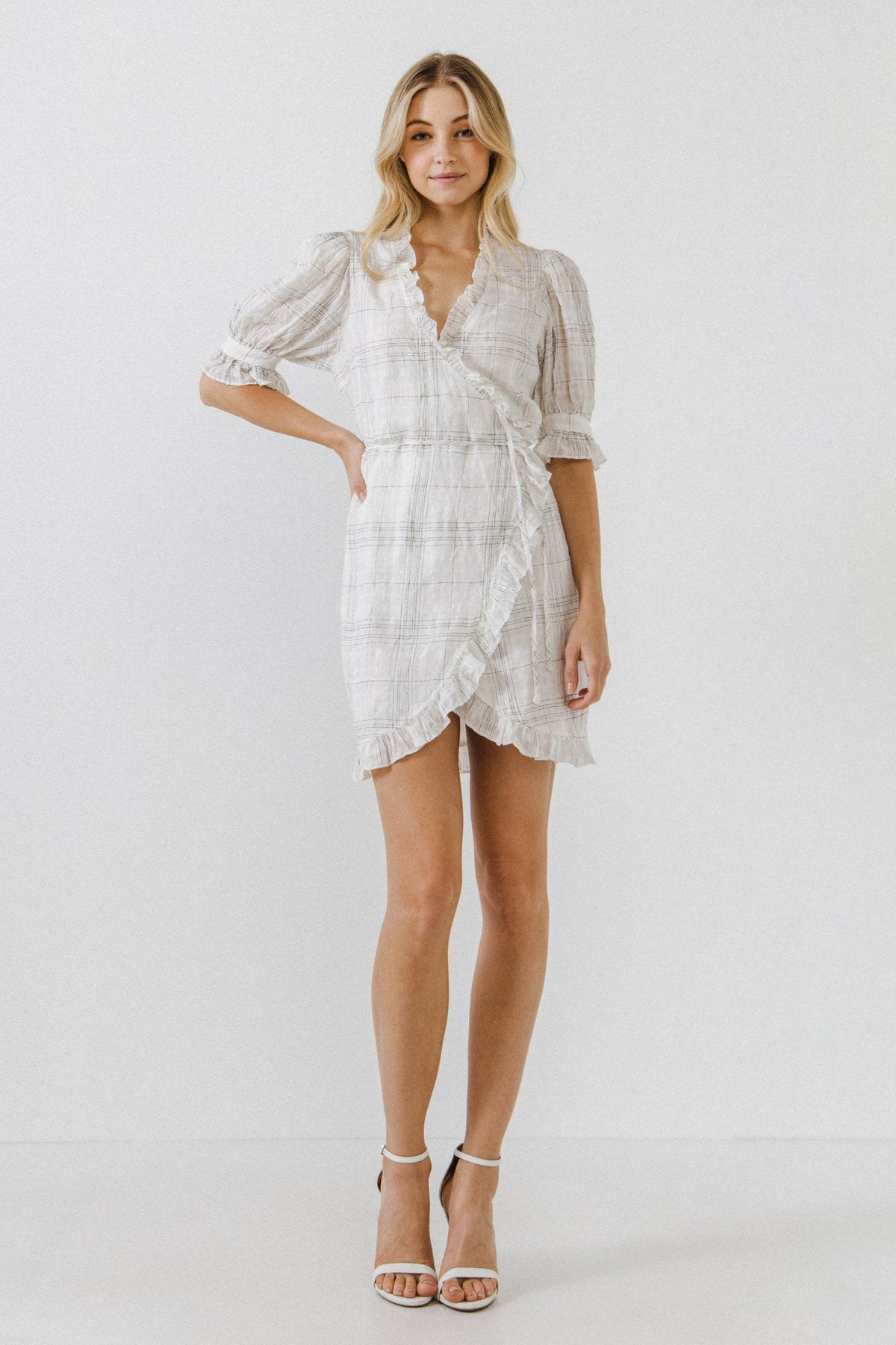Check Print Linen Wrap Dress