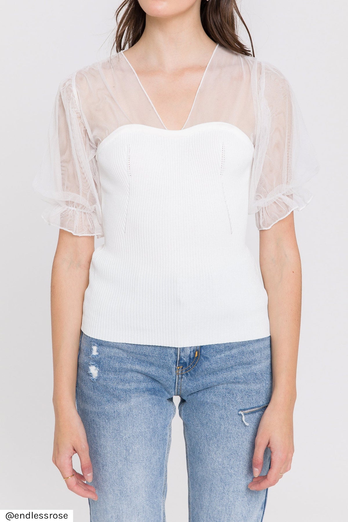 ENDLESS ROSE - Mesh Combo Knit Top - SWEATERS & KNITS available at Objectrare