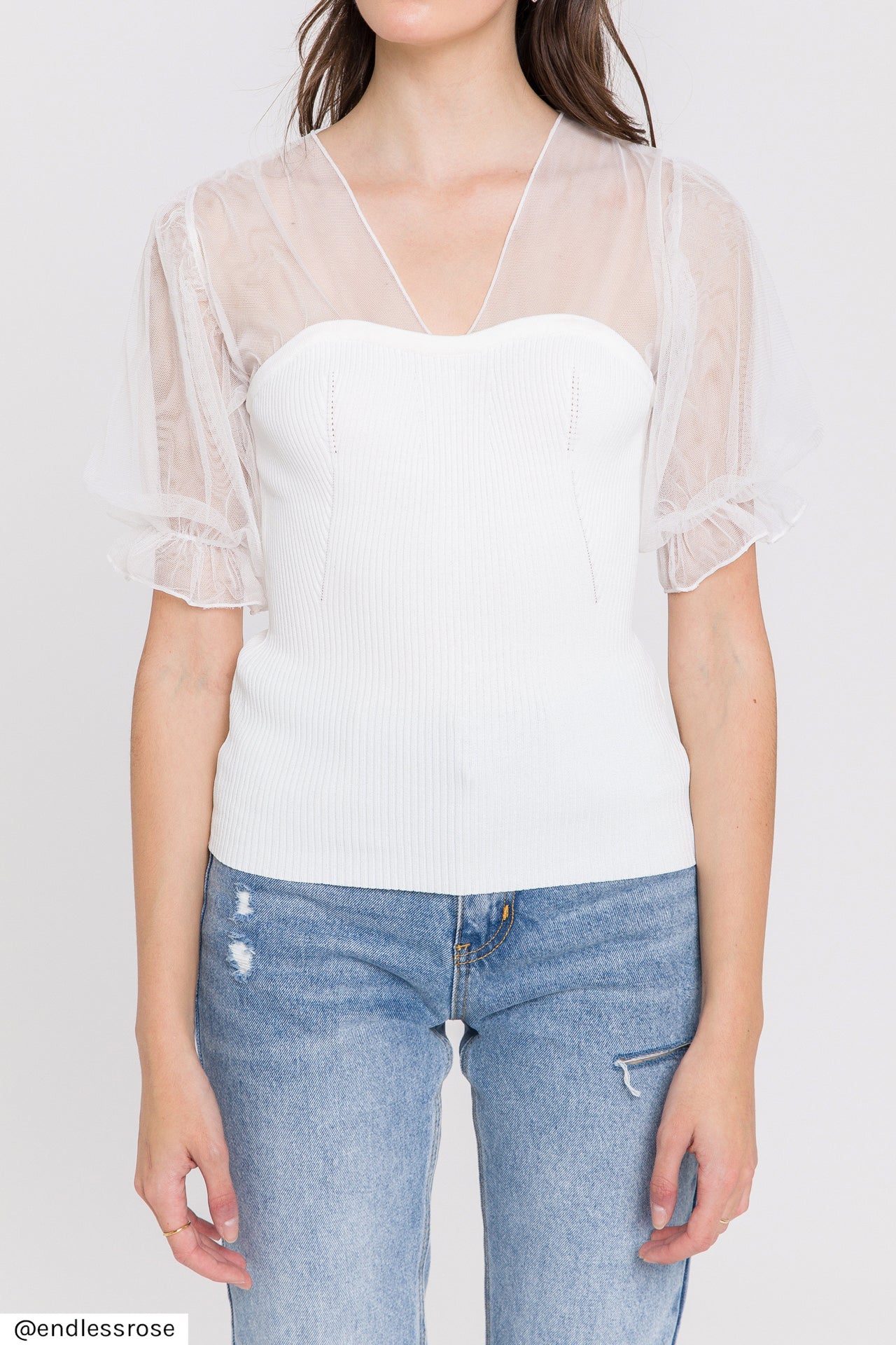 ENDLESS ROSE - Mesh Combo Knit Top - SWEATERS & KNITS available at Objectrare