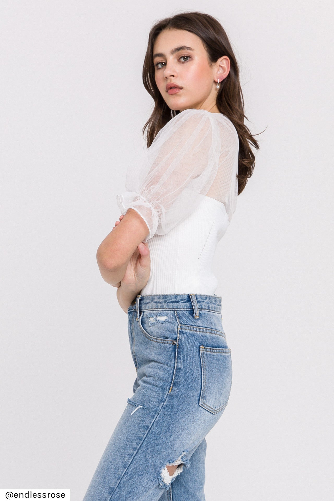 ENDLESS ROSE - Mesh Combo Knit Top - SWEATERS & KNITS available at Objectrare