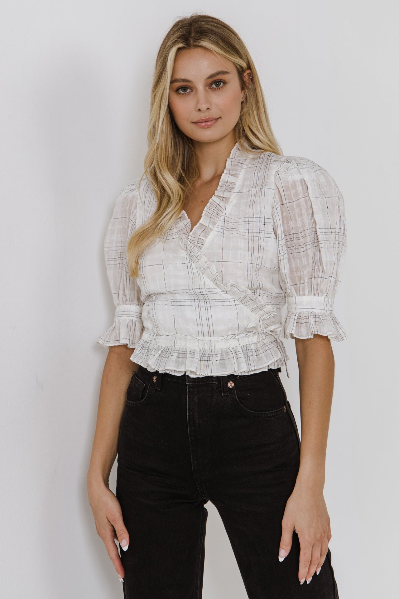ENDLESS ROSE - Check Print Linen Wrap Top - TOPS available at Objectrare