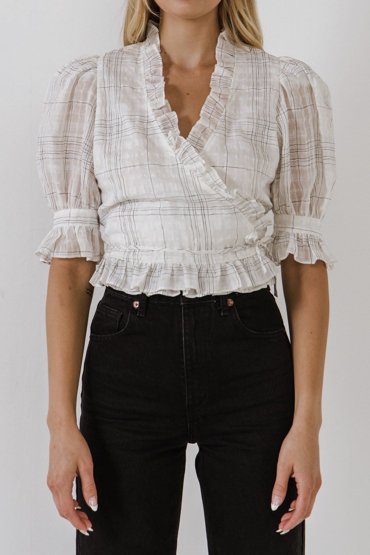 ENDLESS ROSE - Check Print Linen Wrap Top - TOPS available at Objectrare