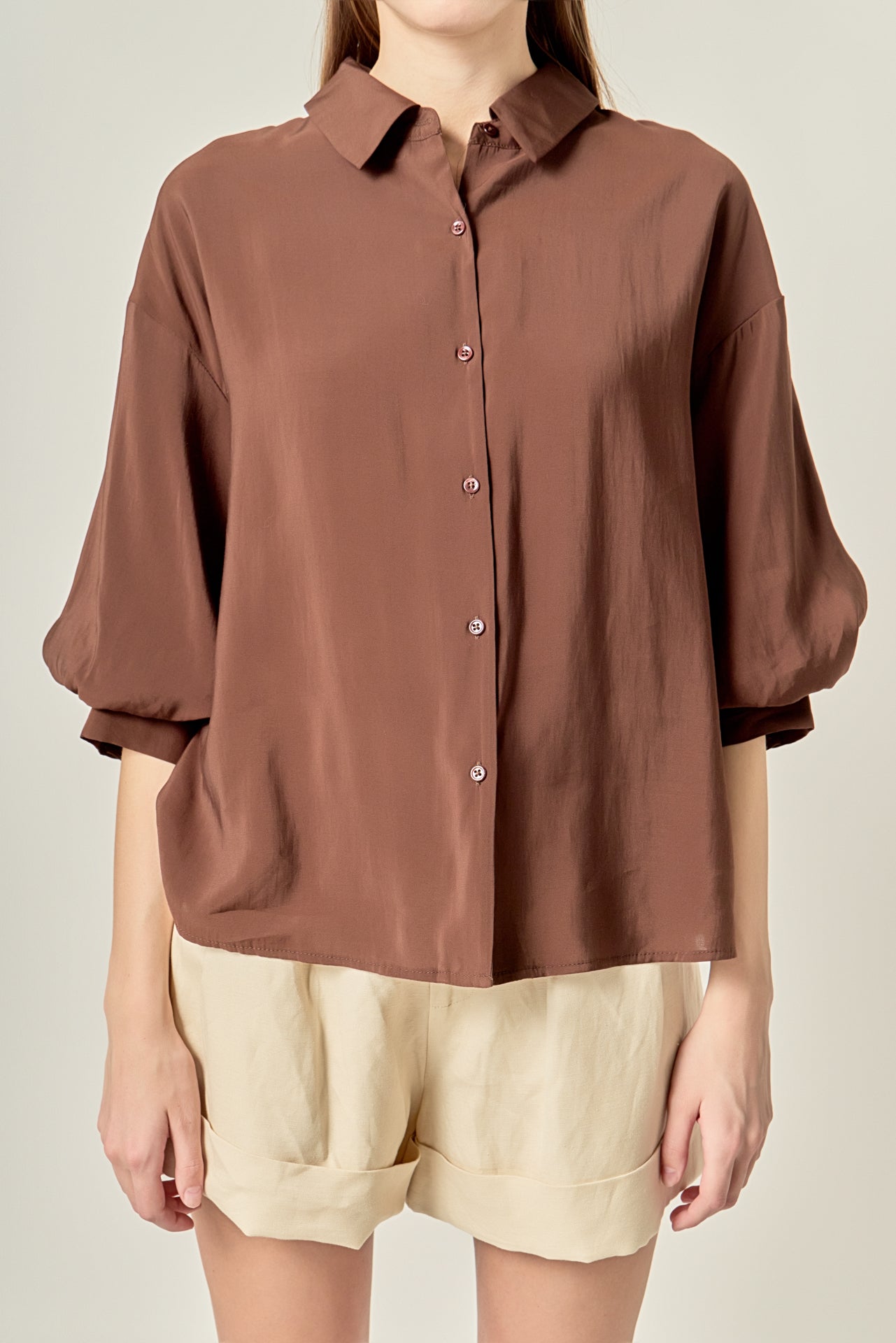 AMERI PLAIN BALLOON SLEEVE SHIRT ブラウン Balloon Sleeve Blouse