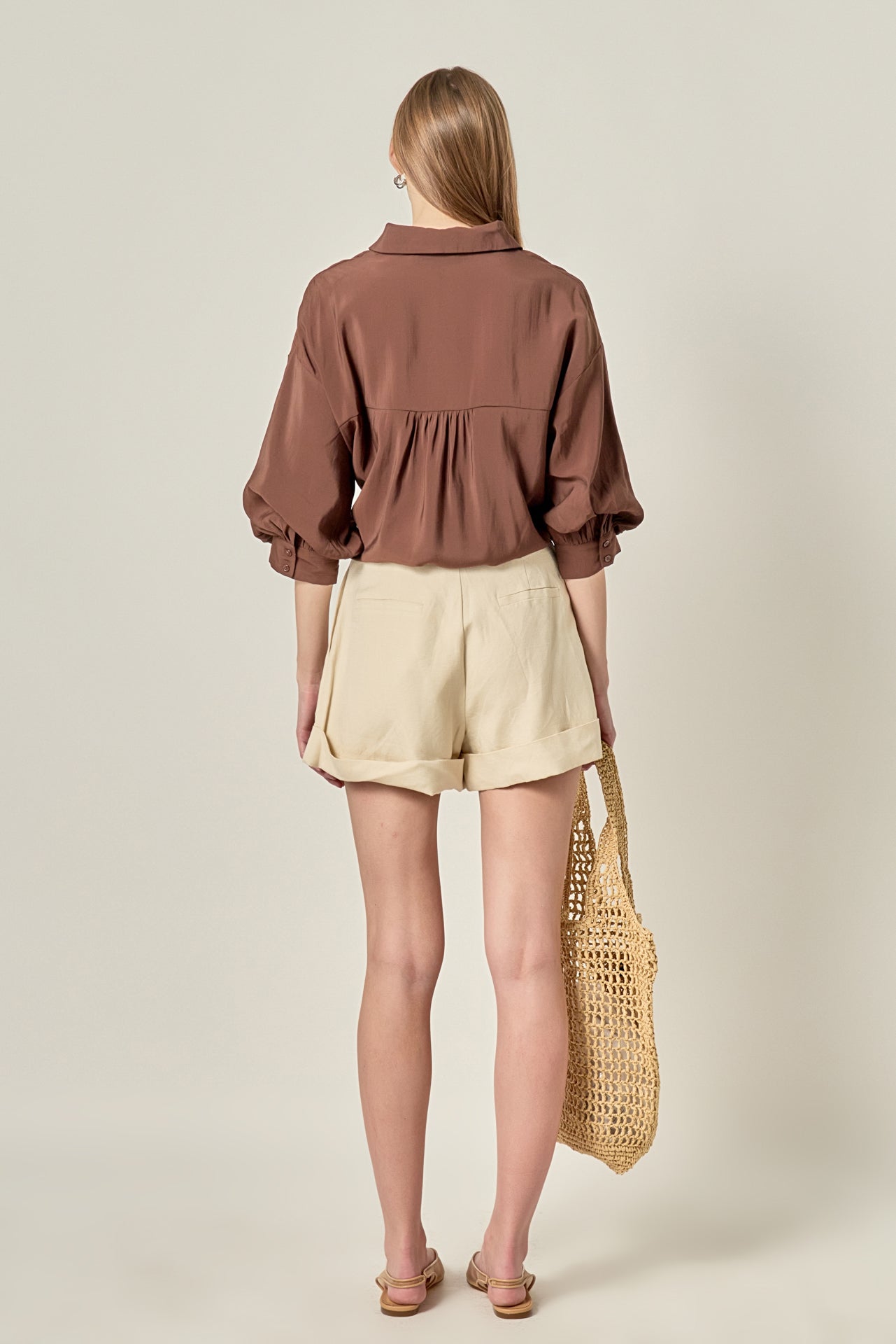 AMERI PLAIN BALLOON SLEEVE SHIRT ブラウン Threadbare Men's Camel Brown Plain Long Sleeve Shirt